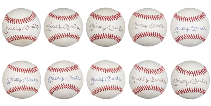Lot of (10) Mickey Mantle Signed OAL Brown Baseballs (3 Graded MINT 9) From Moose Skowron Collection (PSA/DNA, Beckett & Skowron LOA)